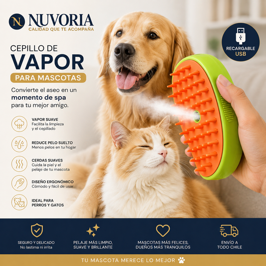 Cepillo de Vapor para Mascotas 3 en 1 | Limpia, Desenreda y Masajea